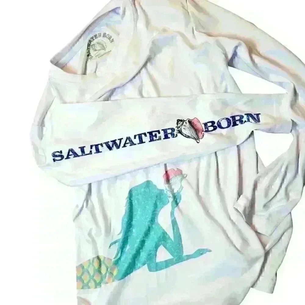 SALTWATER Girls WHITE Swimshirt MERMAID Graphic LOGO Lightweight Stretch size M